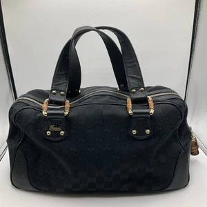 Gucci Black Canvas GG Monogram Boston Bag Purse With Bamboo Handles - Picture 1 of 20
