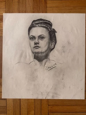 Vintage Late 1940's Young Woman Portrait Charcoal Drawing George Malick OOAK - Image 1 of 4