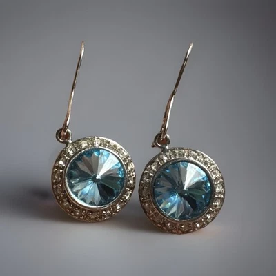 Pendientes colgantes de plata de ley 925 con diamantes de imitación de vidrio azul brillantes redondos leer Foto 1 de 4