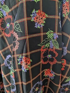 1970s Black Check Flowers Drapey Light Cotton Fabric Sew Shirt  - Picture 1 of 4