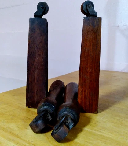 Antique OAK Furniture Cabinet Legs 4 Lot Wood Caster Wheels Fronts & Rears Cover