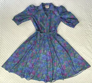 Vintage 80s Blue Floral Shirt Dress Midi Button Front Size 6P California Looks - Picture 1 of 6