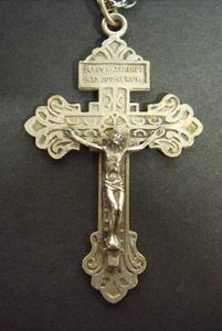 Vtg Silver Tone Metal Ornate Cross Crucifix 2 Sided Pendant Necklace 13" long - Picture 1 of 11
