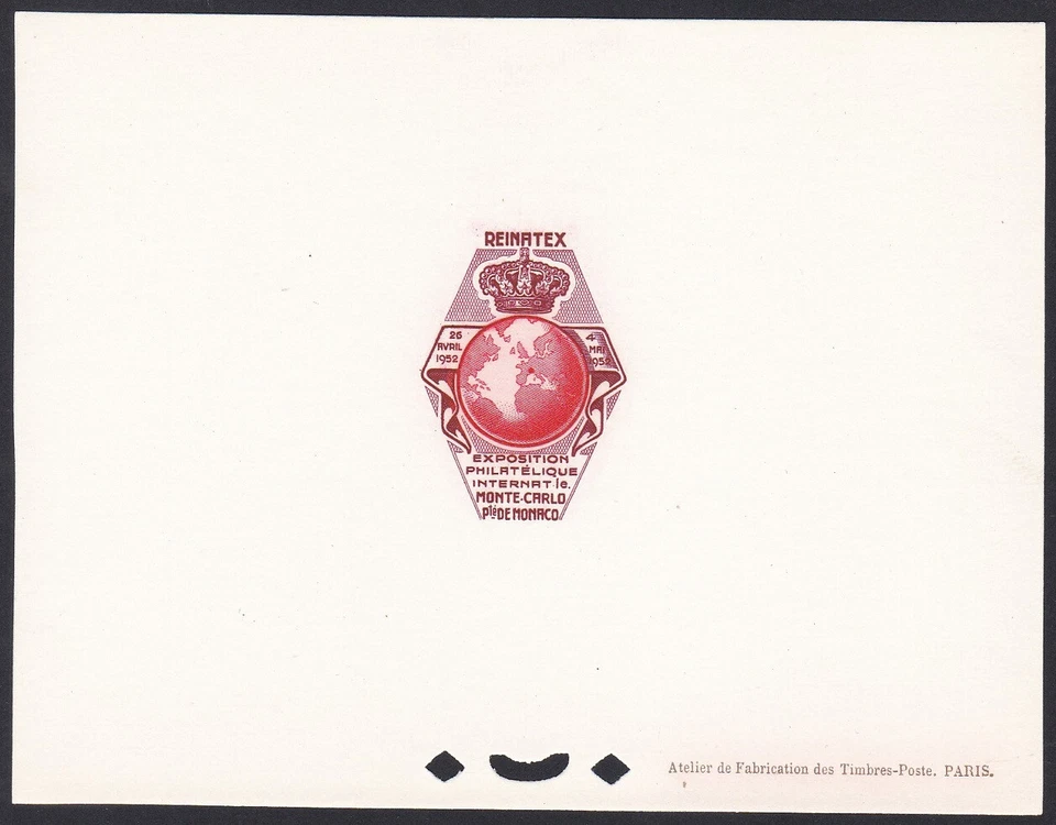 Viñeta Mónaco 1952 REINATEX EXPOSICIÓN FILATELIA, globo terráqueo, mapa, prueba de lujo C Foto 1 de 1