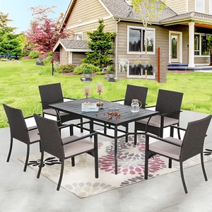 7Pcs Outdoor Dining Set Rectangular Table Patio Dining Set Rattan Wicker Chairs - Picture 1 of 12