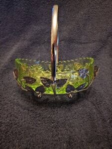 Vintage Green Glass Bowl In Silver Coloured Leaf Detailed Holder & Handle