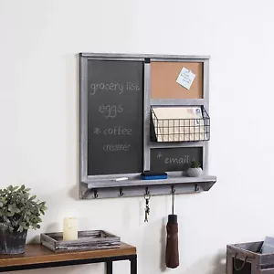Wall Mounted Gray Wood Chalkboard/Cork Board w/ Mail Basket, Shelf, & Key Hooks - Picture 1 of 7