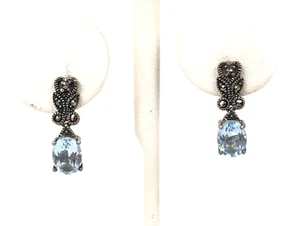 Blue Topaz Dangle Drop Marcasite Earrings Sterling Silver 925 Pre-Owned 7/8" - Picture 1 of 5