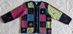Vintage TAPESTRY BLANKET JACKET Flowers Floral Denim M Patchwork Sara Studio - Picture 1 of 12
