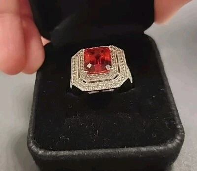 Anillo Padparadscha Zafiro Rodio/925 Doble Halo Creado en Laboratorio Naranja Talla 7 Foto 1 de 4