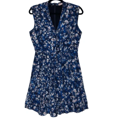 Rebecca Taylor Blue Watercolor Floral Print Silk Fit and Flare Dress Size 8 - Image 1 of 4
