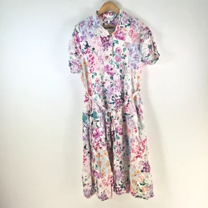 Preview shirt dress womens 14 white floral linen blend short sleeve belt 112771 - Picture 1 of 9