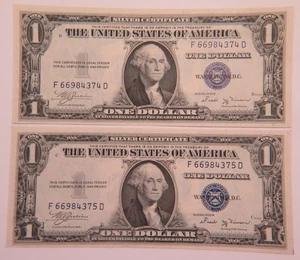 SILVER CERTIFICATES $1 DOLLAR U.S. CONSECUTIVE BANKNOTES LOT 1935 B (2) 🌈⭐🌈 - Picture 1 of 4