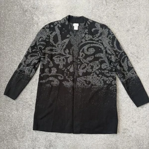 Chicos Suéter Mujer Mediano Negro Plateado Frente Abierto Metálico Tejido Largo Cárdigan - Imagen 1 de 6