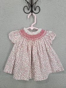 Vintage Smocked Floral Baby Dress Size 6 Months Red White Puff Sleeve Peasant - Picture 1 of 10
