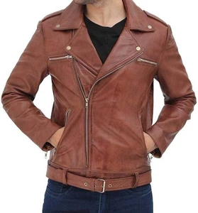 Men Brown Leather Motorcycle Jacket Biker Style Belted Classic Zip Pockets - Picture 1 of 5