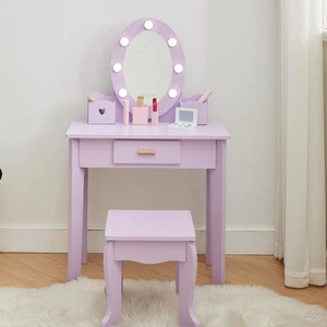 Kids Vanity Set Pretend Play Girls Vanity Table +Chair Set Lighted Mirror Purple - Picture 1 of 6
