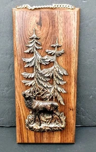 Vintage 1960's Wooden Wall Plaques Faux Copper Forest Scene with an Elk - Picture 1 of 5