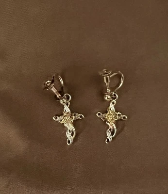 Brincos vintage Lenox 2 tons 925 prata amantes rosa clipe cruz E/R #091564 - Imagem 1 de 4