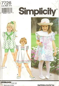 1990s Simplicity Sewing Pattern 7726 Girls Dress Tunic Bicycle Shorts Size 2-4 - Bild 1 von 2