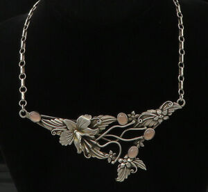 925 Silver - Vintage Modernist Rose Quartz Floral Motif Chain Necklace - NE3632