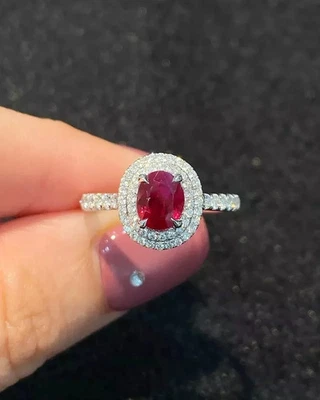 1.85 Ct Oval Cut Natural Ruby & Diamond Wedding Ring Real 14k Solid White Gold - Image 1 of 4