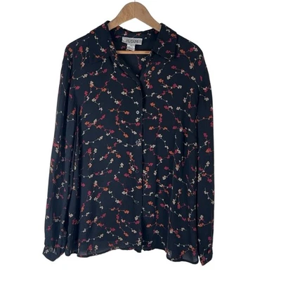 Alfani 100% Silk Shirt 18W Black Red Orange Floral Long Sleeve Elegant Eclectic - Image 1 of 4