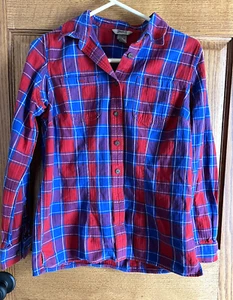 Camisa pequeña de franela a cuadros Duluth Trading para mujer roja/azul con botones - Imagen 1 de 7