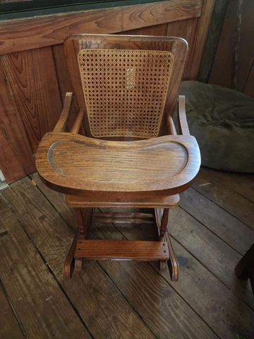 Vintage Convertible Child’s High Chair Rocking Chair, Tray, Cane Seat, Working Cover