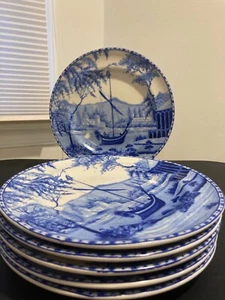 Pottery Barn Sophia Blue and White Boat Scene Salad Plate8 3/4" Set of 6 - Picture 1 of 9