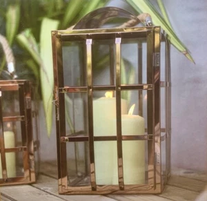 Azura Outdoor Garden Lantern Candle Holder Rose Gold Metal Frame Glass Panels - Picture 1 of 4