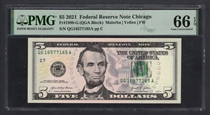 United States-Federal Reserve 5 Dollars 2021 Fr#1999-G (QGA Block) UNC Grade 66 - Picture 1 of 2
