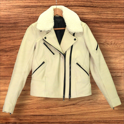 OFF WHITE Giacca pelle donna Rag & Bone Minerva taglia 2 asimmetrica bianco sporco