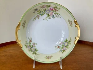 Japan Serving BOWL Round ~ Green Trim Multicolored Florals ~ Gold Trim 8 1/2” - Picture 1 of 9