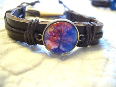Pulseras para hombre de cuero con cúpula de vidrio colgante árbol de la vida pulseras para mujer Foto 1 de 4