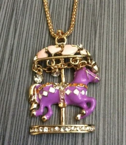 Betsey Johnson Crystal Purple Horse Merry-Go-Round Pendant on 28" Gold Necklace! - Picture 1 of 2