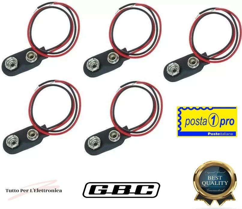 5pz Connettore clips portapila per pile 9V con cavetti 15cm GBC OFFERTA SAT-SHOP