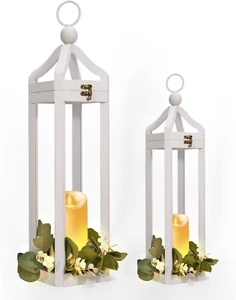 HPC DECOR Large Rustic Farmhouse White Lantern Set of 2-Tall Wood Lanterns for C - Picture 1 of 8