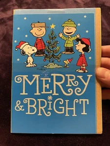 Peanuts Hallmark 8 Christmas Cards Snoopy Charlie Brown Merry & Bright Glitter - Picture 1 of 2