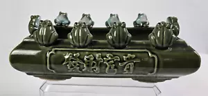Vintage Ten Frogs on Green Pottery Planter with Asian Lettering, 11 1/2" Long - Picture 1 of 8