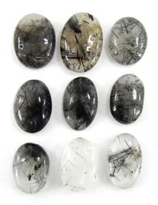 105.80 Ct Natural Black Rutile Quartz Gemstone 17-21 mm Cabochon 9 Pc Lot-61755 - Picture 1 of 2