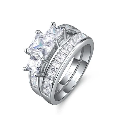 Anillos de compromiso de plata de ley 925 para mujer corte princesa anillo de boda 3 piedras Foto 1 de 4