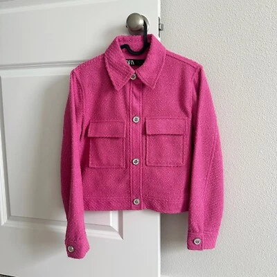 Hot Pink Textured Jacket White Metal Buttons Cropped Blazer Lapel Collar Pockets - Image 1 of 4