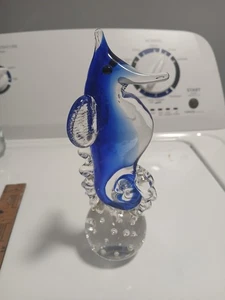 MuranoStyle Paperweight Hand Blown Art Glas Aqua CobaltBlue Nautical Seahorse 8" - Picture 1 of 12