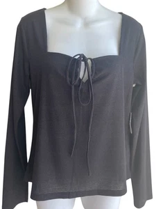 a.n.a. Black Metallic Square Neck Fitted Top Sweater Long Sleeves Front Tie NWT - Picture 1 of 4