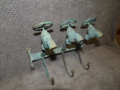 Cast Iron Vintage Rustic Green Farmhouse Sink Faucet Spigot Triple Wall Hooks - Image 1 of 4