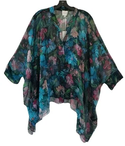 Johnny Was Jade Sheer Blue Multicolor Floral Blouse Top NWT Reg $318 L /XL - Picture 1 of 3