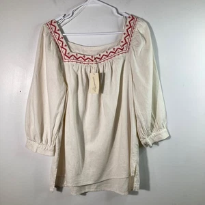 Túnica Boho Universal Hilo Mezcla Lino Bordada Rojo Crema M Nueva con Etiquetas - Imagen 1 de 9