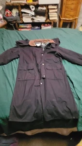 Vintage 80s Paris Sport Club Black Cotton w/Leather Trim Trench Coat Size Large - Picture 1 of 3
