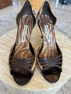 正品 Manolo Blahnik Tiger 条纹软木材料,女式 9/39 码 — 第 1/4 张图片